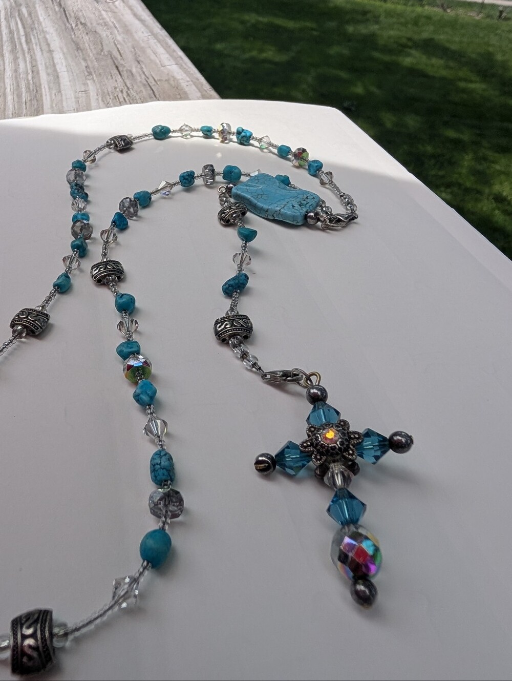 Vintage Rosary Necklace Turquoise & Crystal Handmade 925 - Picture 9 of 13
